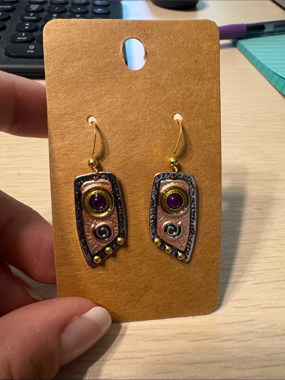 Handcrafted Mixed-Metal Purple Stone Dangle Earrings